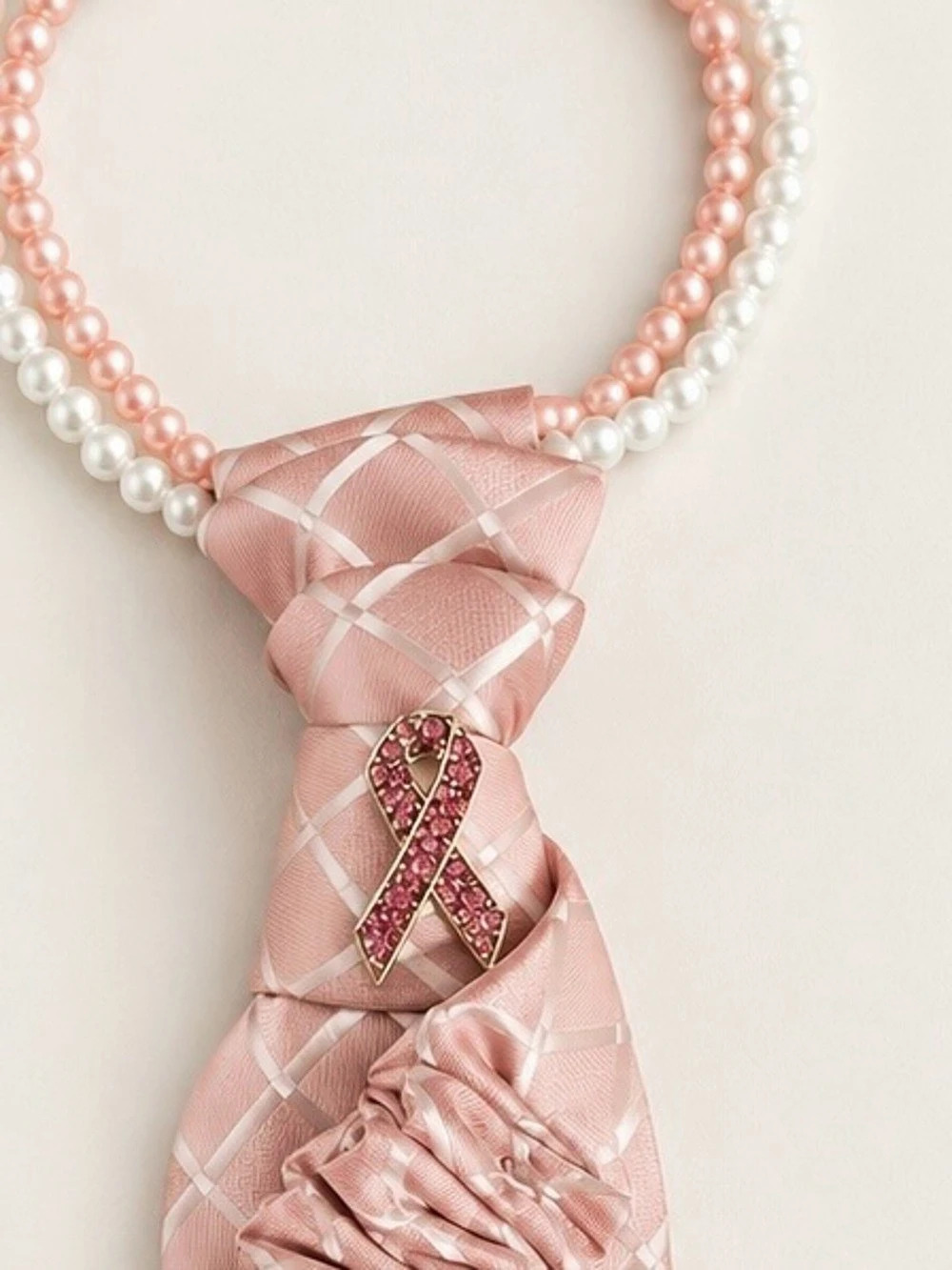 Ribbon of Hope – Handmade Necktie Necklace w/Pearls, Breast Cancer Awareness - Picture 4 of 4